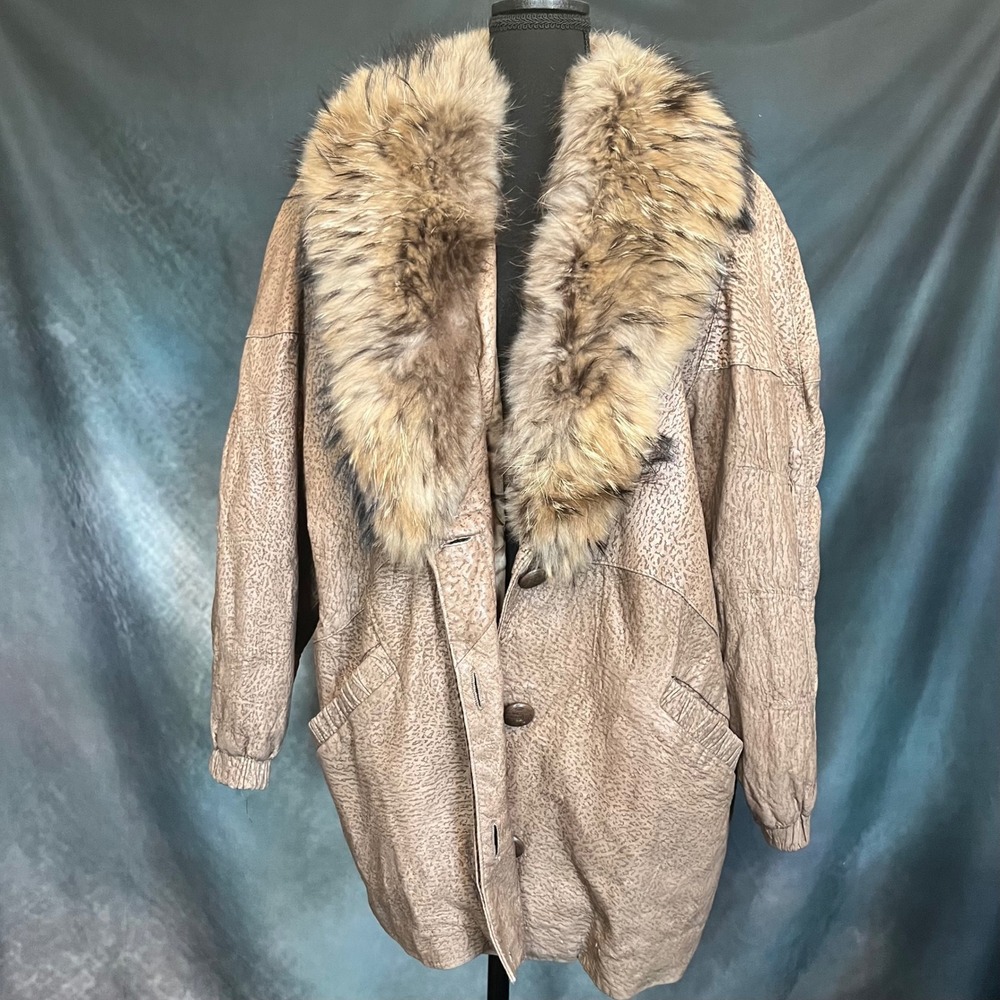 J. Percy Marvin Richards Vintage Leather Fur Collar Coat Taupe Textured‎